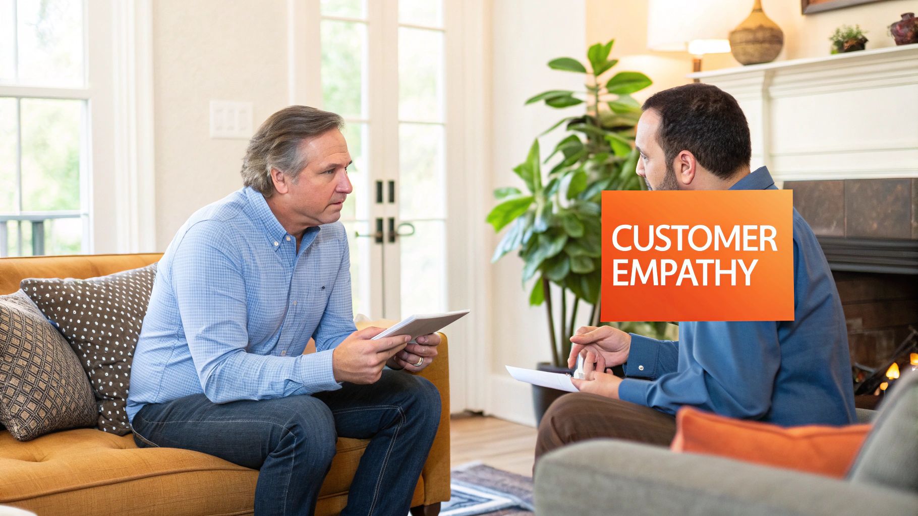 Two professionals discuss 'Customer Empathy' in a living room setting, one holding a tablet.