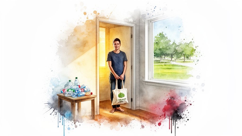 A young man with a reusable bag stands in a doorway near a pile of plastic bottles, looking towards a park.