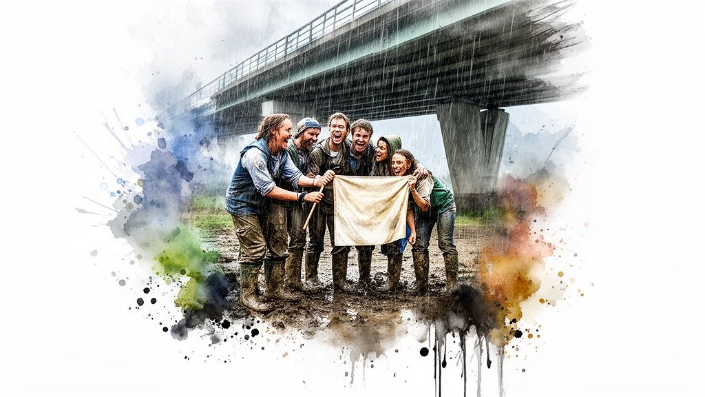 A joyful group of muddy people holding a blank banner under a bridge in the rain, with watercolor effects.
