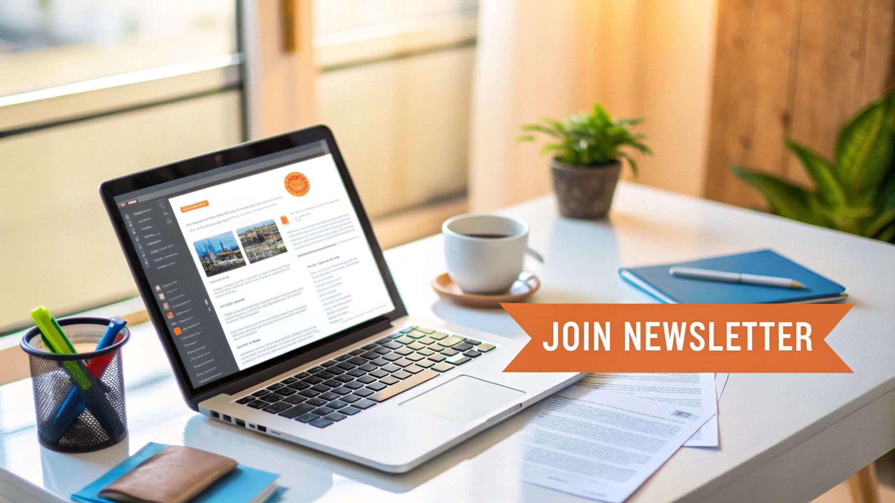 A laptop displaying a website, coffee, and office supplies on a white desk with a 'JOIN NEWSLETTER' banner.
