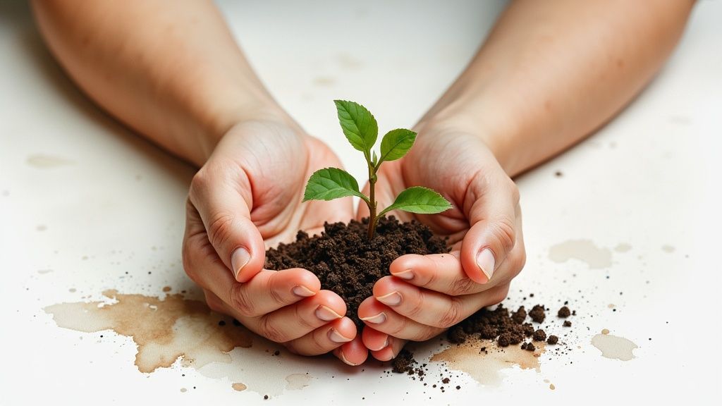 Hands gently holding a small green plant growing from soil, symbolizing growth and care.