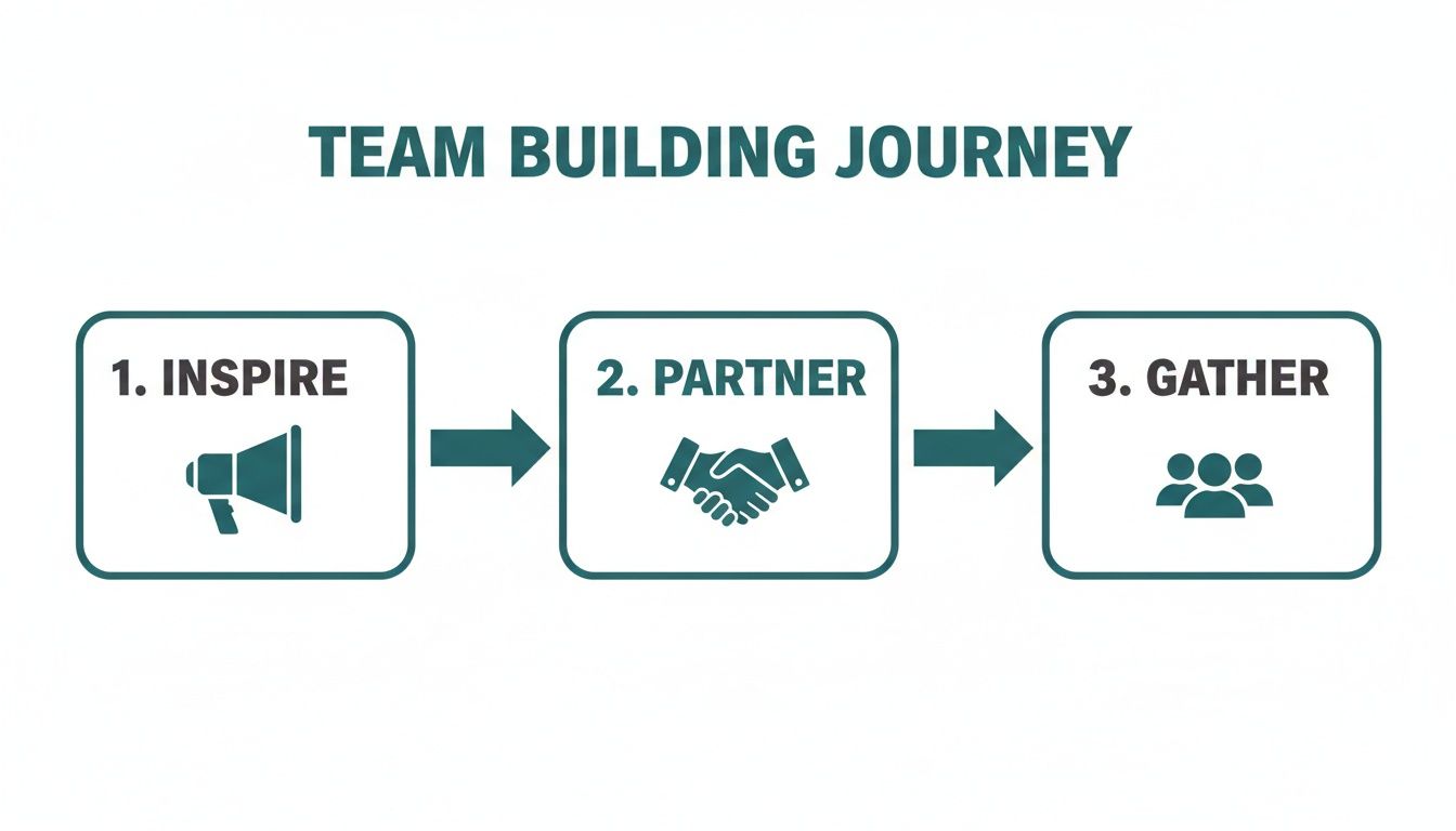 A graphic illustrating a team building journey with three steps: Inspire, Partner, and Gather.