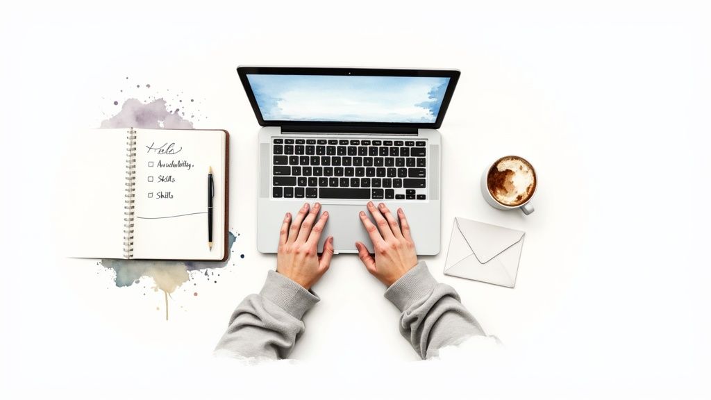 Overhead shot of a person working on a laptop with a notebook, pen, coffee, and envelope.