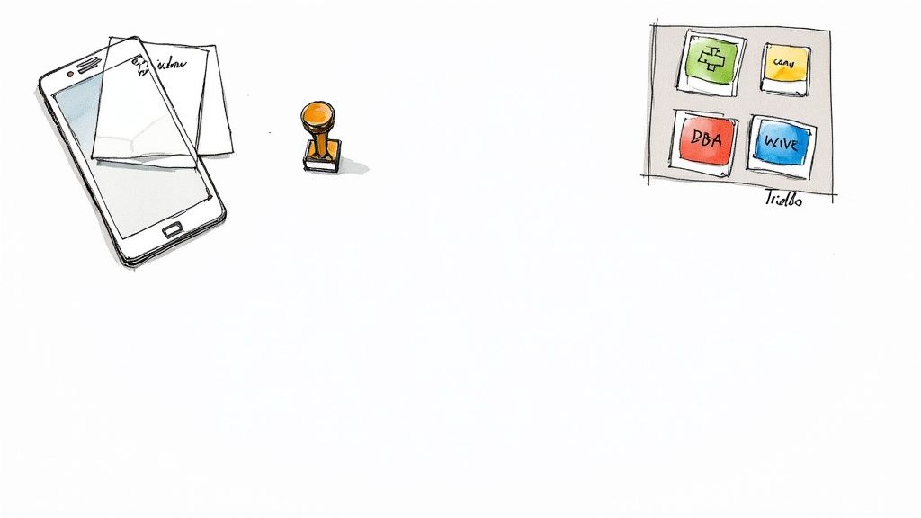 Hand-drawn illustration of a smartphone, a stamp, and a grid of four app icons labeled 'Tridbo'.