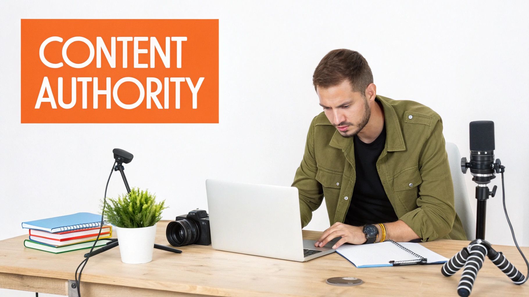 A man works on a laptop at a desk with a microphone, camera, and books, under a 'CONTENT AUTHORITY' text overlay.