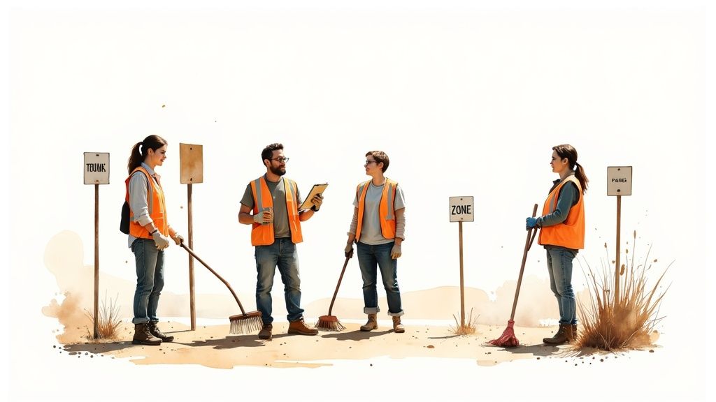 Four individuals in orange safety vests and jeans using brooms to clean a dry, dusty outdoor area.