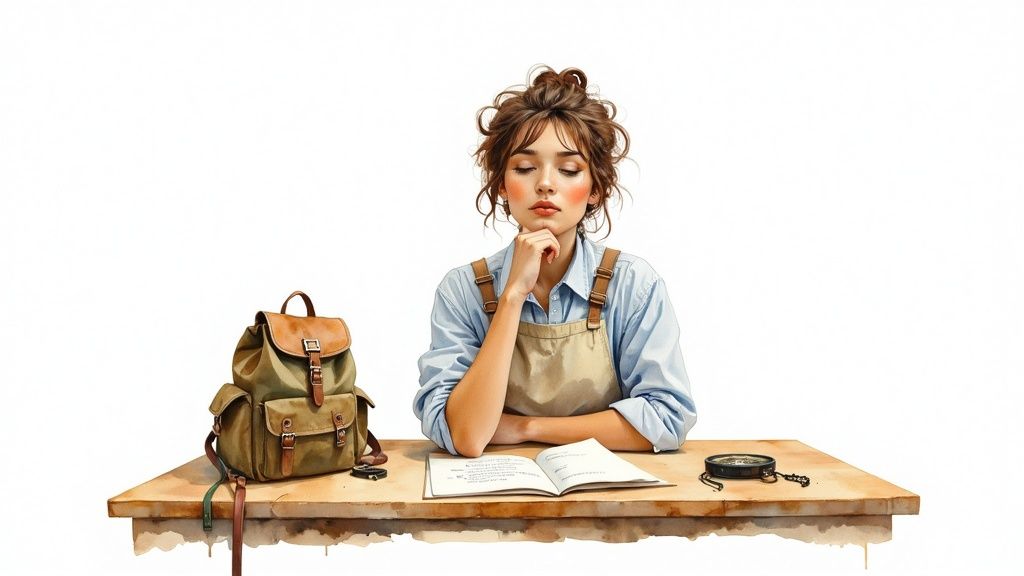 A thoughtful young woman sits at a wooden desk with a backpack, open notebook, and compass.