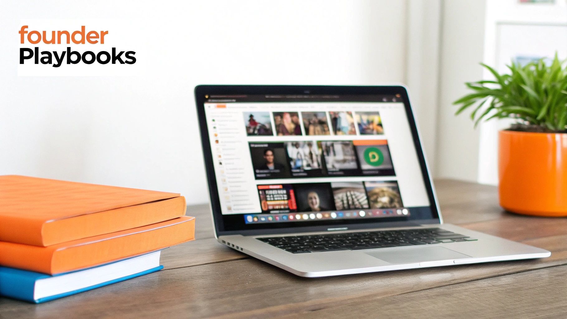 Laptop on a wooden desk displaying an image gallery, alongside a stack of books and a vibrant green plant.