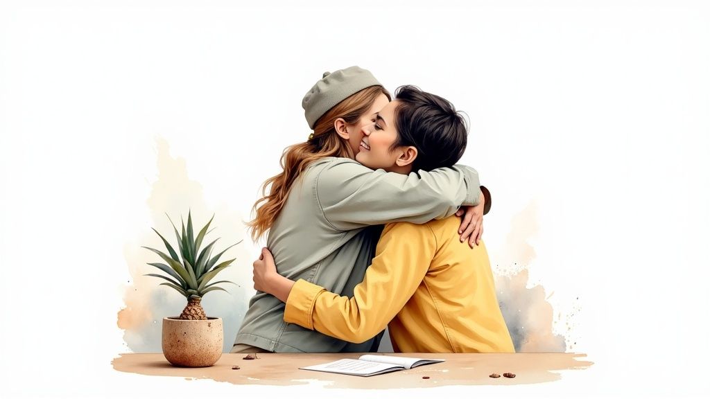 Two happy people embrace affectionately, one in a beret, with a plant and book nearby.