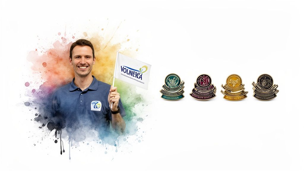 Smiling man holding a 'VOUNEVA' flag next to four detailed recognition badges.