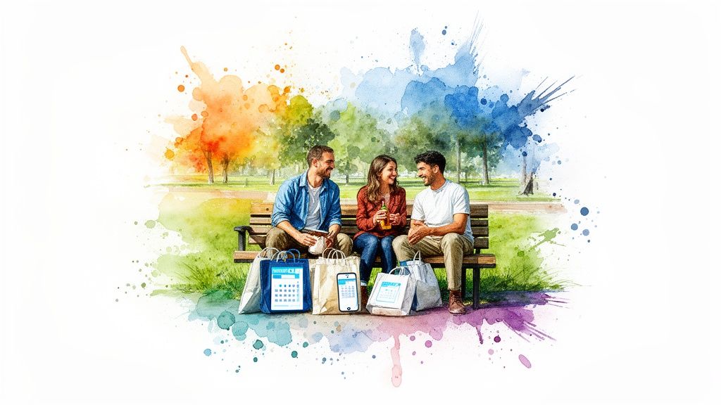 Three friends relax on a park bench with digital shopping bags amidst colorful watercolor splashes.