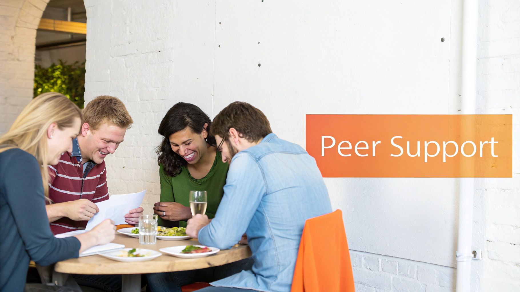 Four diverse young adults laughing, sharing documents, and eating at a table with 'Peer Support' overlay.