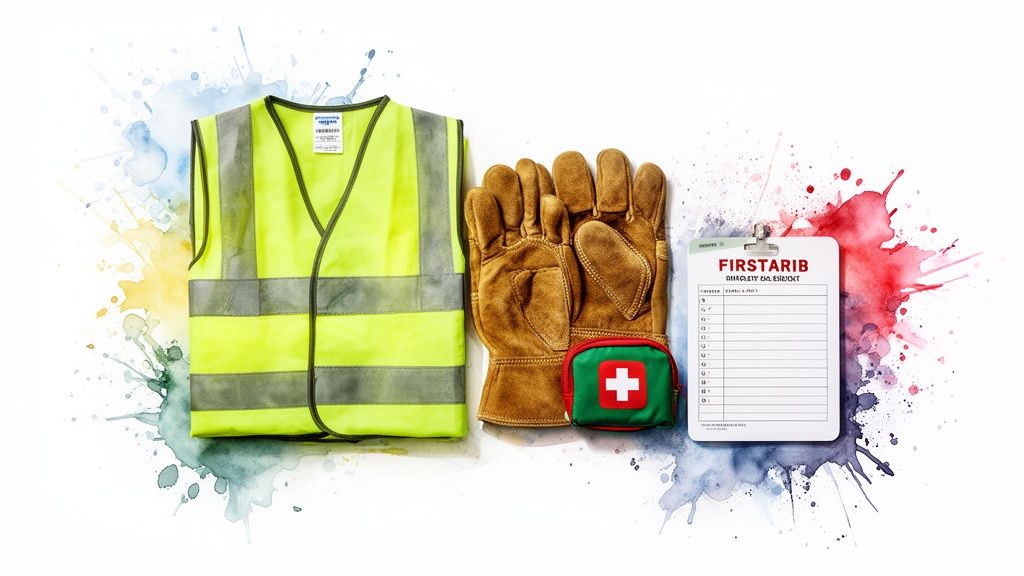 Flat lay of workplace safety essentials: a high-visibility vest, work gloves, first aid kit, and clipboard.