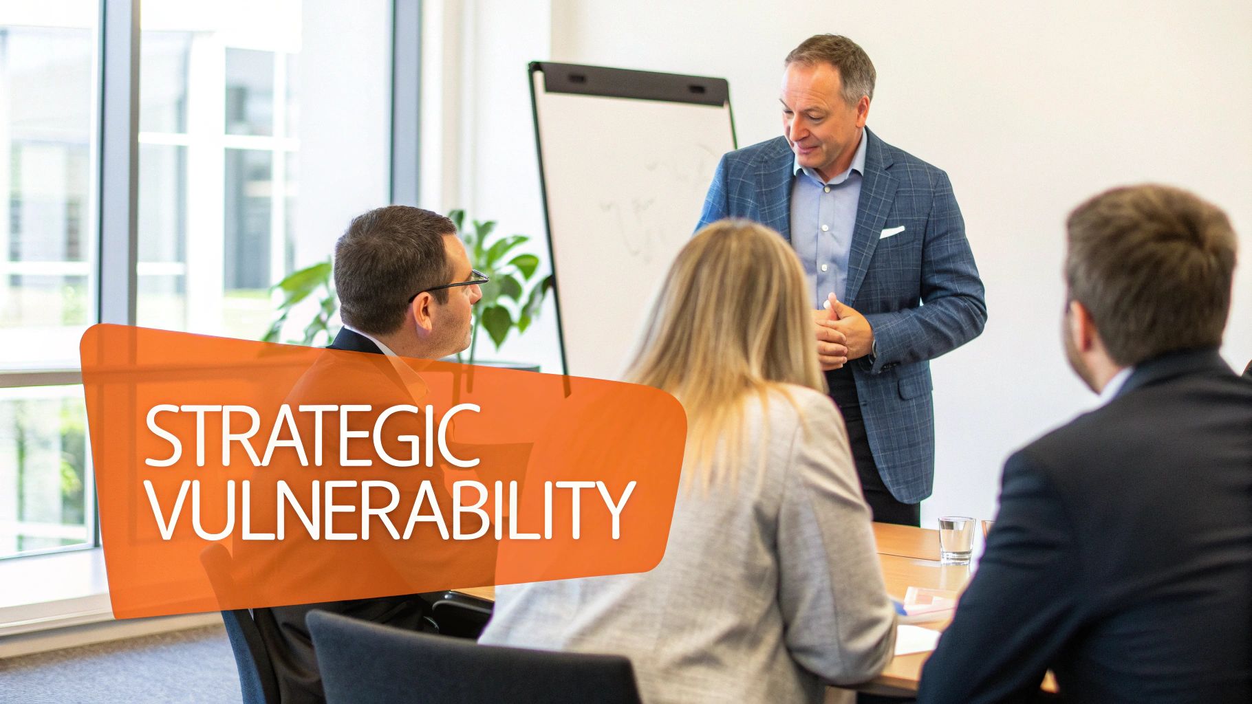 A male presenter in a suit leads a business meeting with three colleagues, discussing strategic vulnerability.