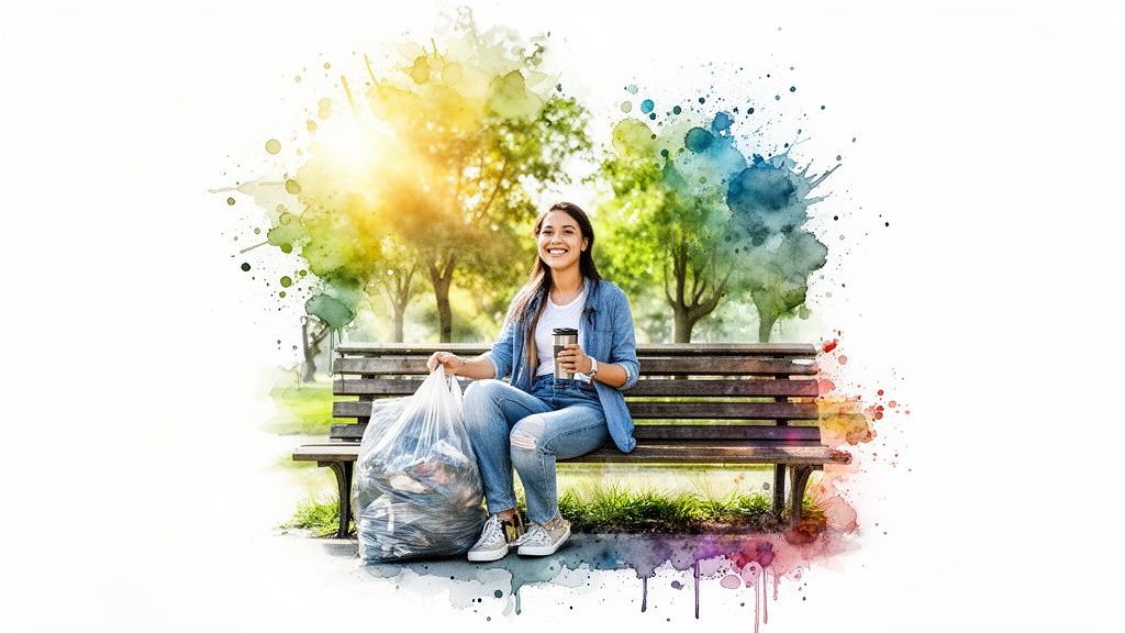 Smiling woman on a park bench with a full trash bag, holding a coffee cup, surrounded by watercolor art.