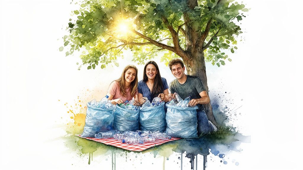 Three smiling young people collect plastic bottles for recycling under a tree in a watercolor style.