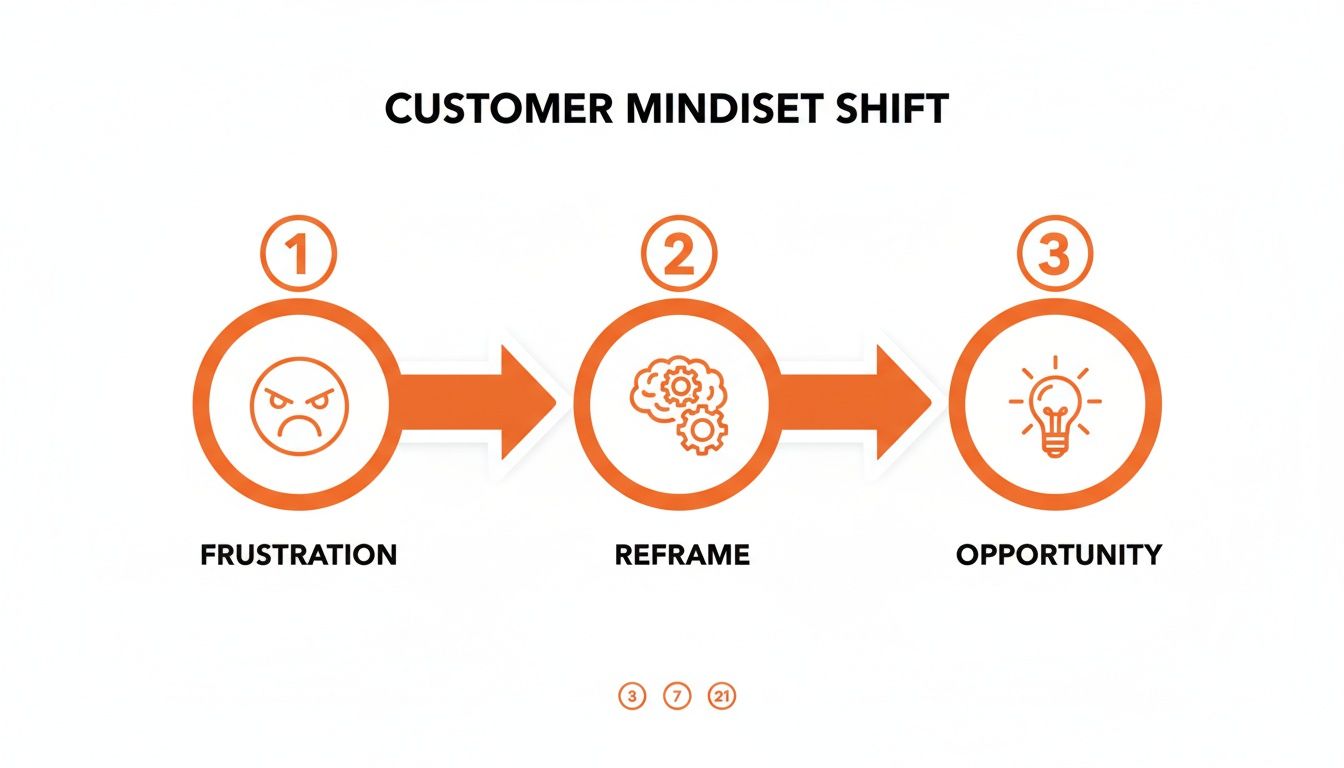 Infographic illustrating a customer mindset shift from frustration to opportunity through reframing.