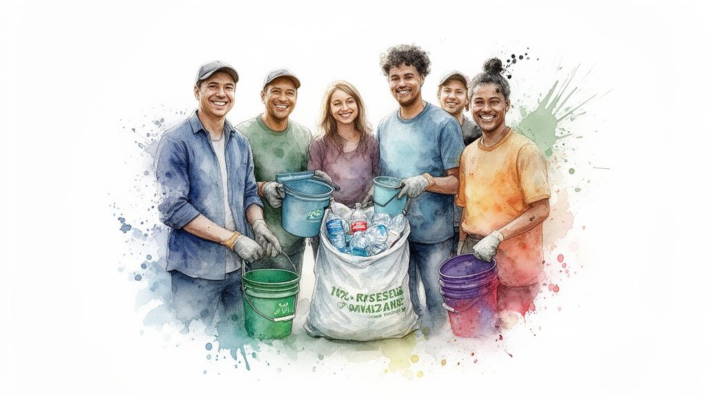 A diverse group of smiling people holding buckets and a bag full of plastic bottles, promoting recycling.
