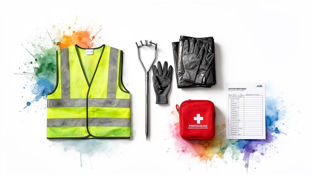 A flat lay of safety and clean-up equipment, including a vest, picker, gloves, and first aid kit on a watercolor background.