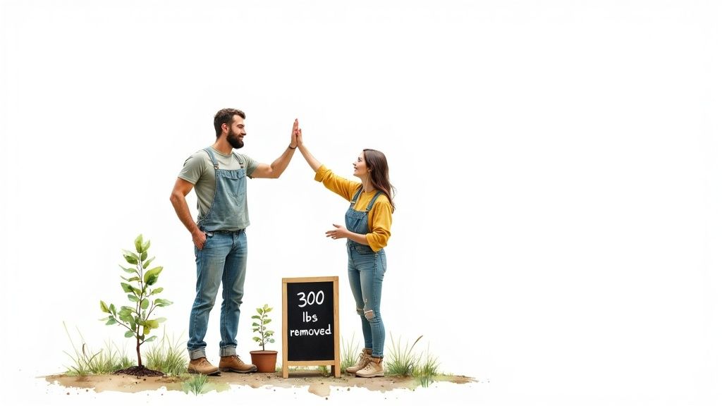 Two smiling people in overalls high-five next to newly planted trees and a '300 lbs removed' sign.