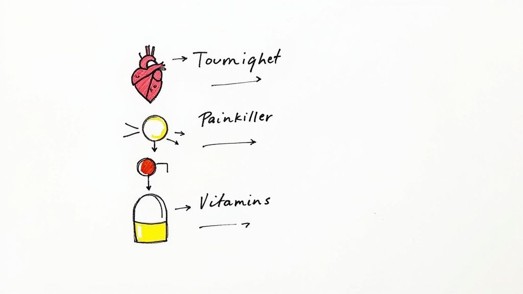 Hand-drawn medical diagram illustrating a heart, painkillers, and vitamins with text labels and arrows.