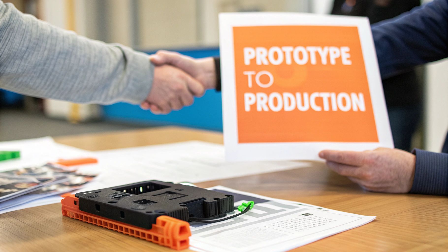 Two people shaking hands over a table with a 'Prototype to Production' sign and a product prototype.