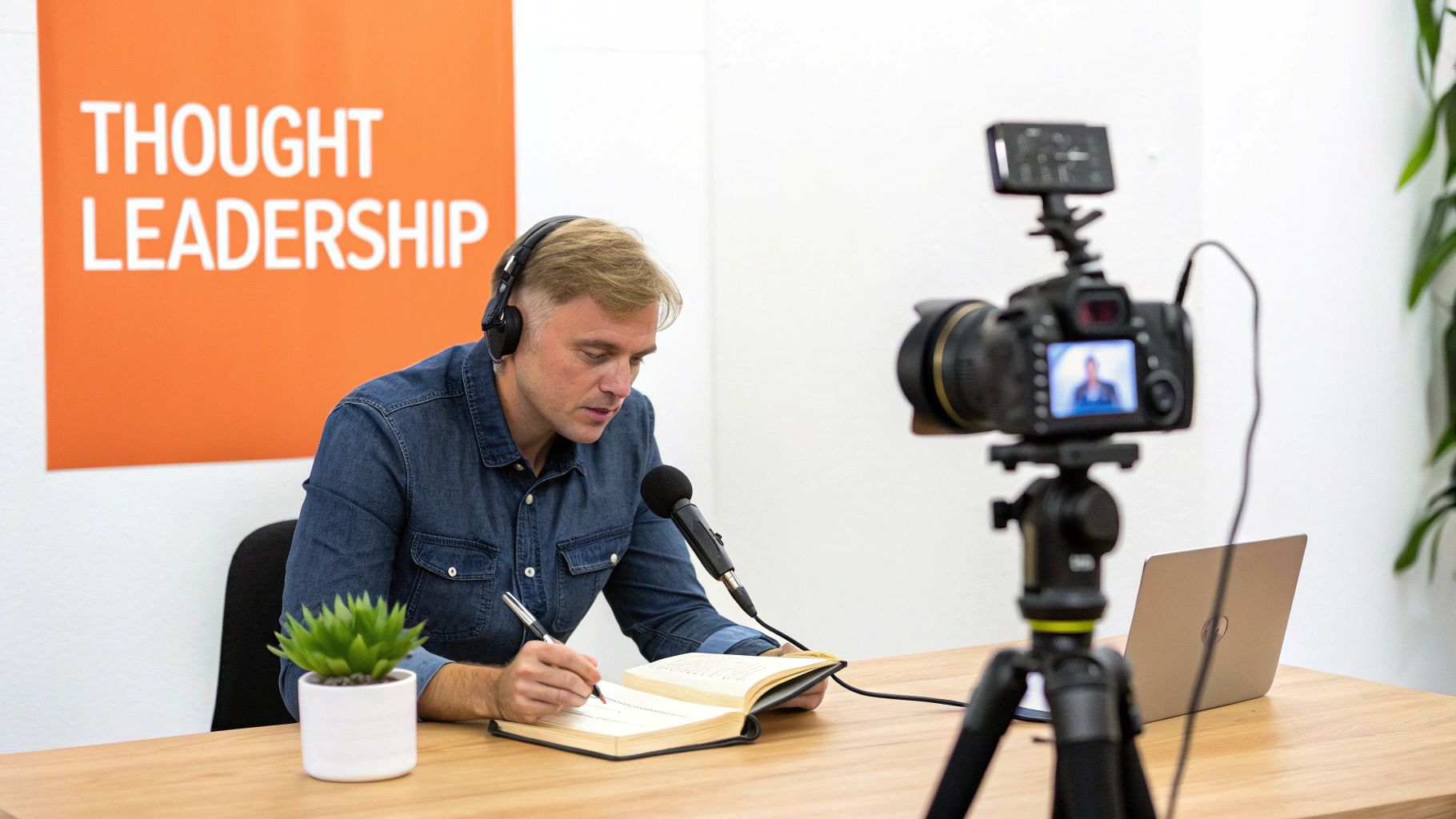 A man in headphones records a thought leadership podcast or video, writing notes at a desk.