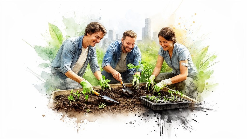 Three smiling people plant seedlings together in a raised urban garden bed, city skyline in background.