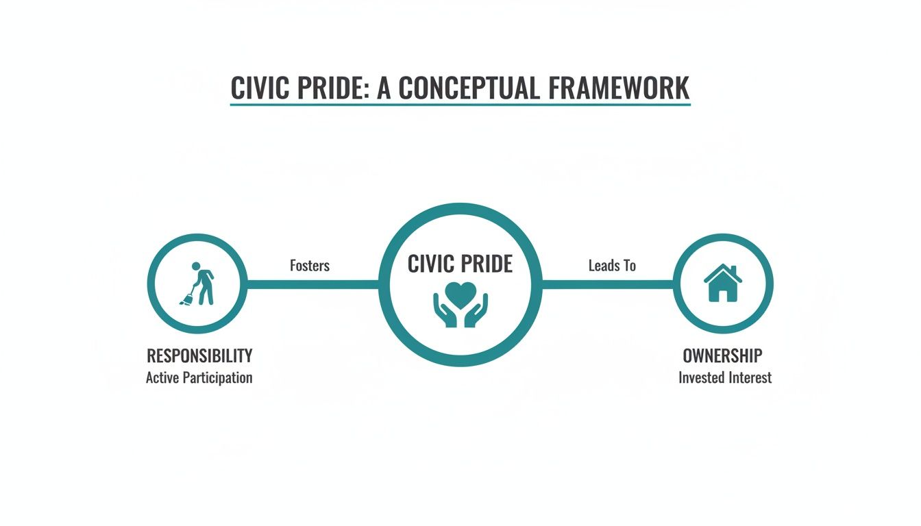 A conceptual framework illustrating how responsibility fosters civic pride, which then leads to ownership.