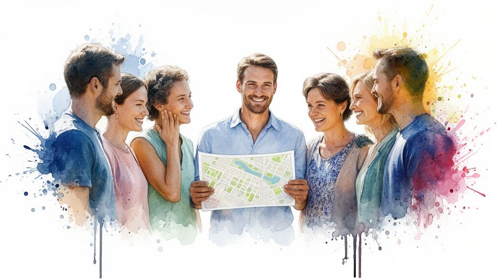 A diverse group of smiling people look at a map with watercolor splashes.
