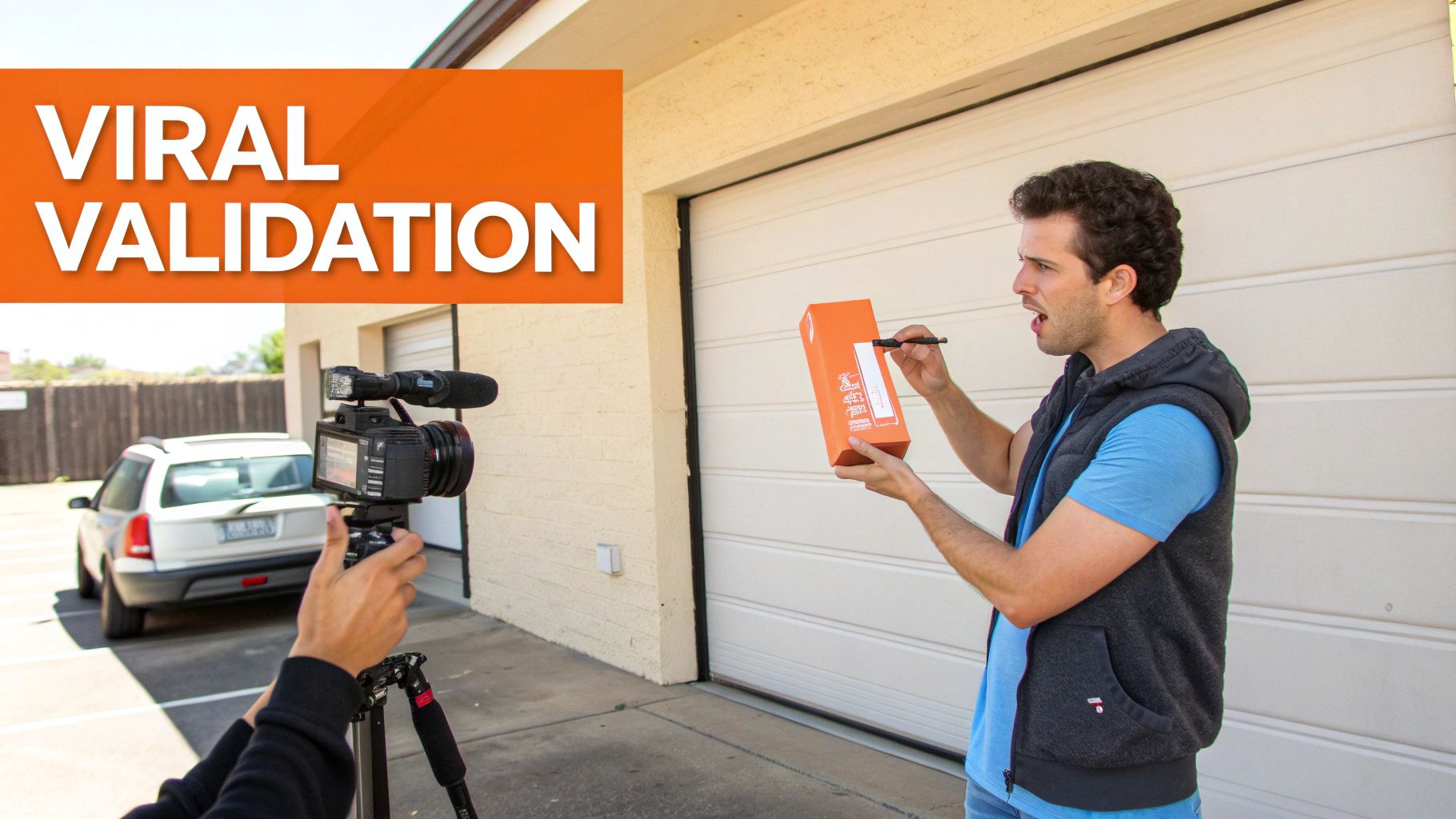 A man is filmed reviewing an orange product box in front of a garage door.