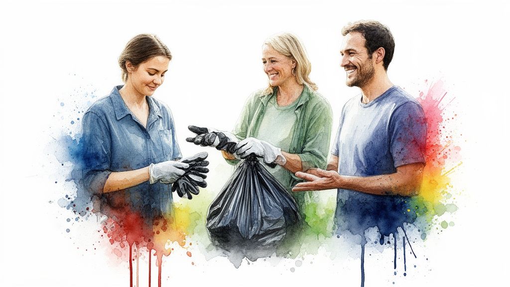 Three happy volunteers, wearing gloves, organize collected items in a black trash bag.