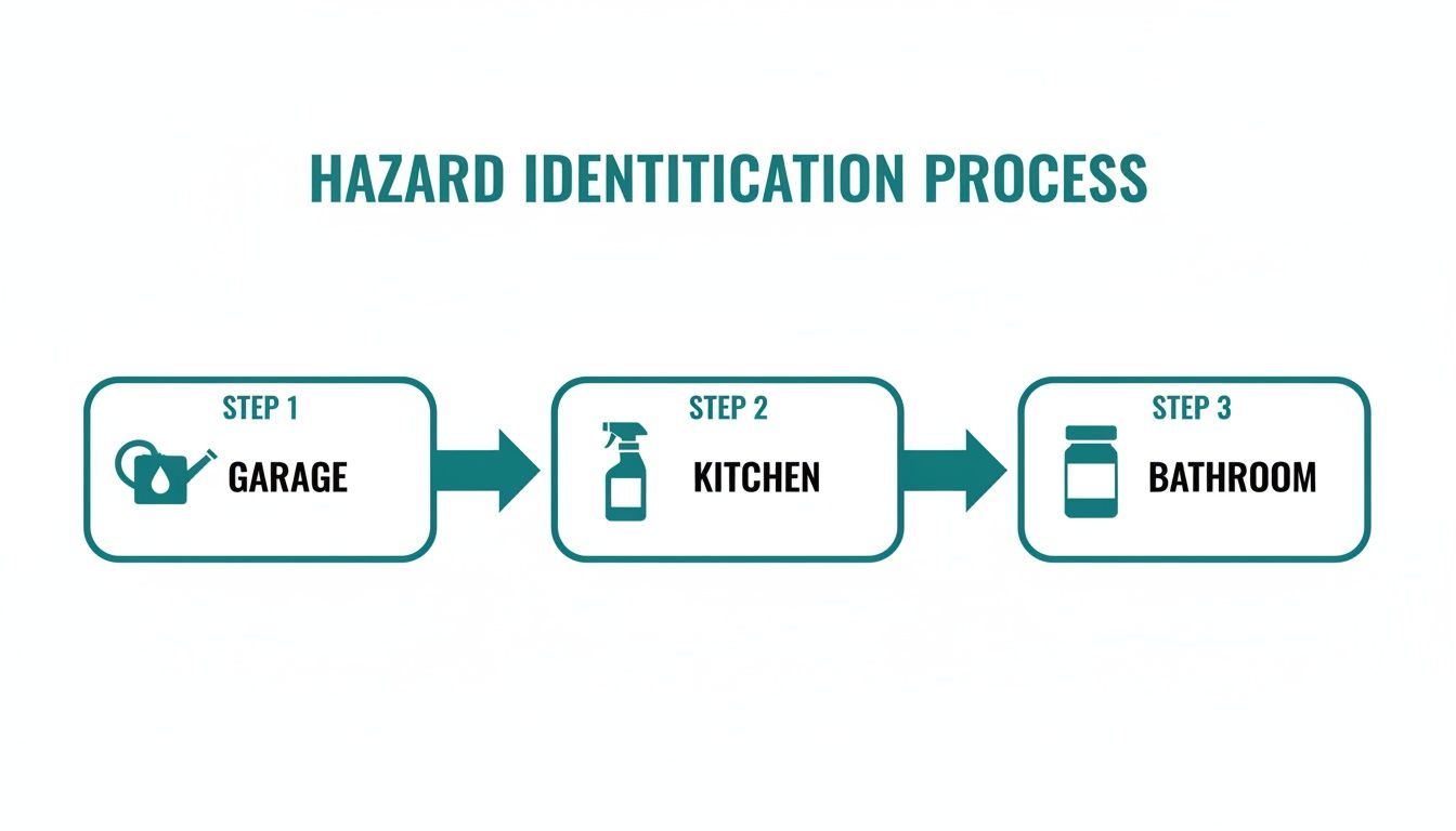 Flowchart illustrating a three-step hazard identification process for garage, kitchen, and bathroom areas.
