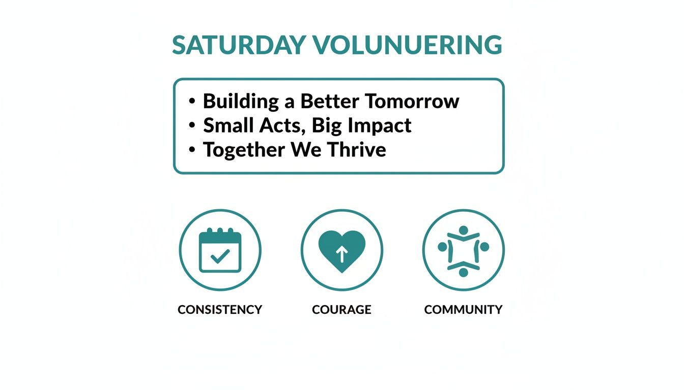 A graphic about Saturday volunteering, highlighting consistency, courage, and community themes.