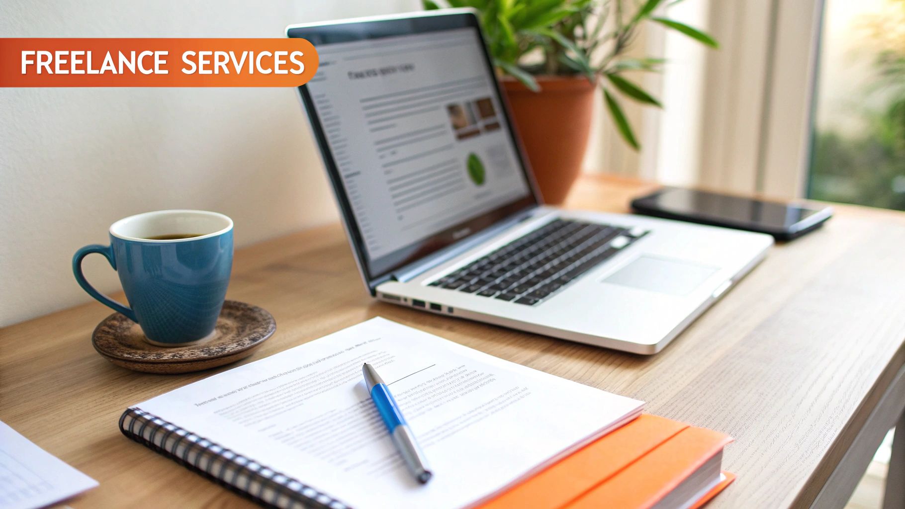 A modern desk setup with a laptop, coffee, and documents, ideal for freelance work and services.