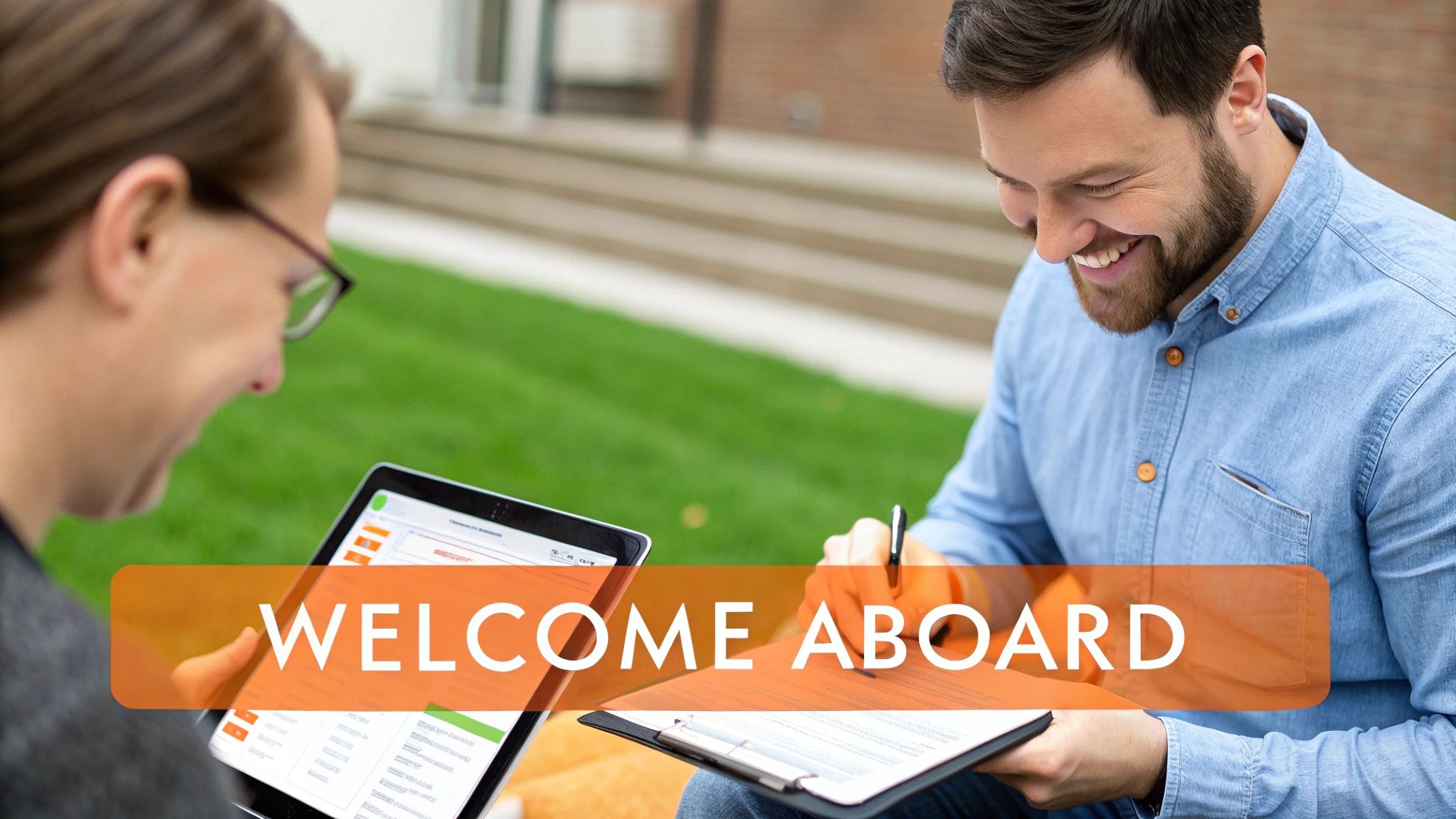 Two smiling men, one viewing a tablet and the other writing, with 'WELCOME ABOARD' text overlay.