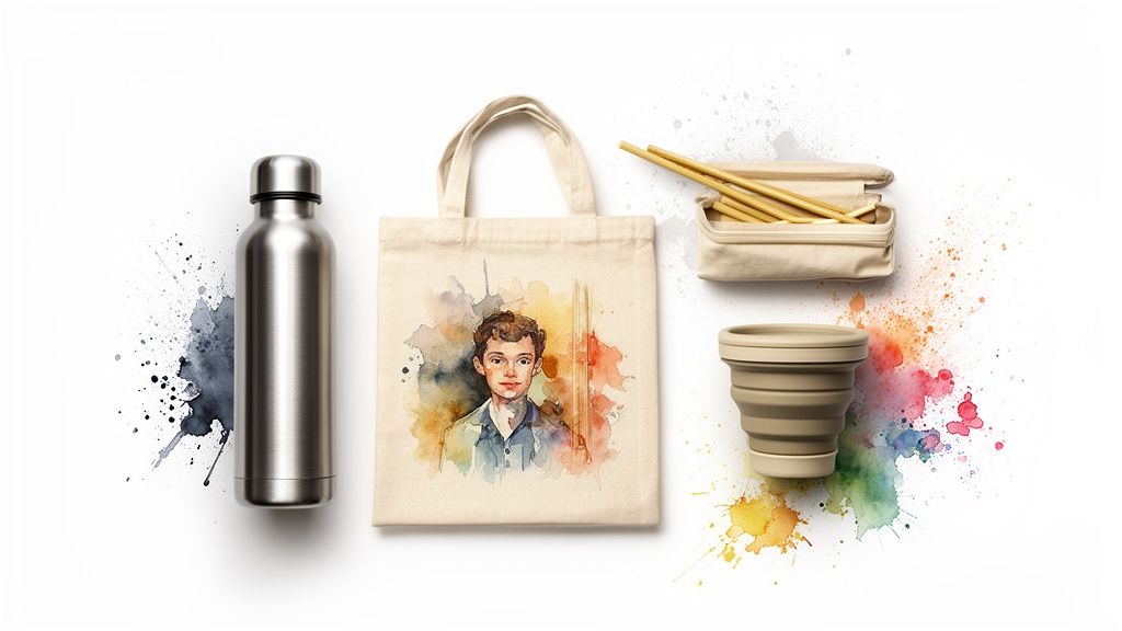 Sustainable reusable products for reducing plastic waste: a water bottle, tote bag, straw set, and collapsible cup.