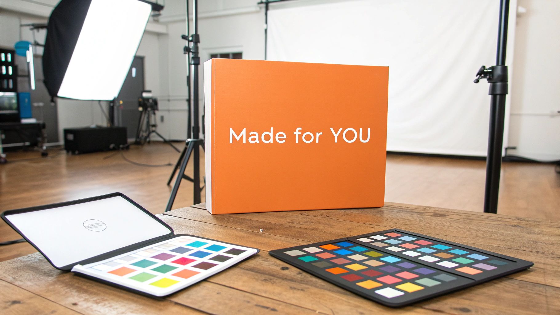 A product photography setup featuring an orange box with text, color swatch books, and a color checker on a wooden table.