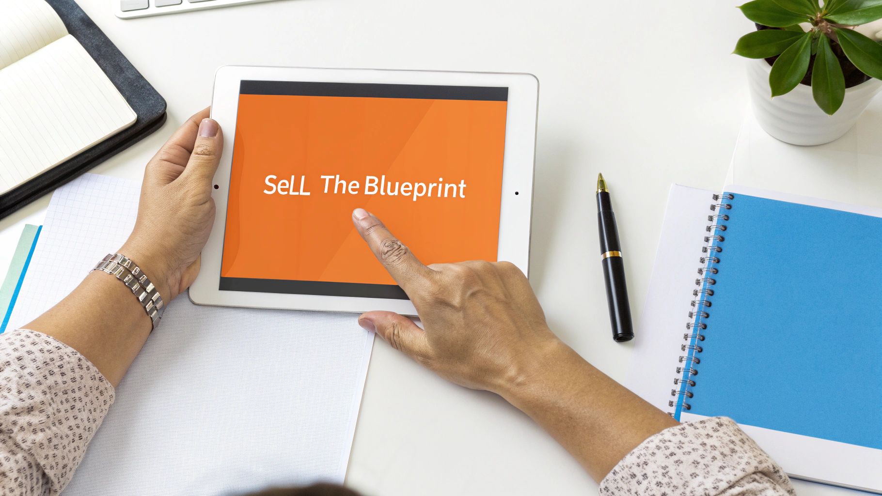 Overhead view of hands tapping a tablet showing 'SeLL The Blueprint' on a white desk.