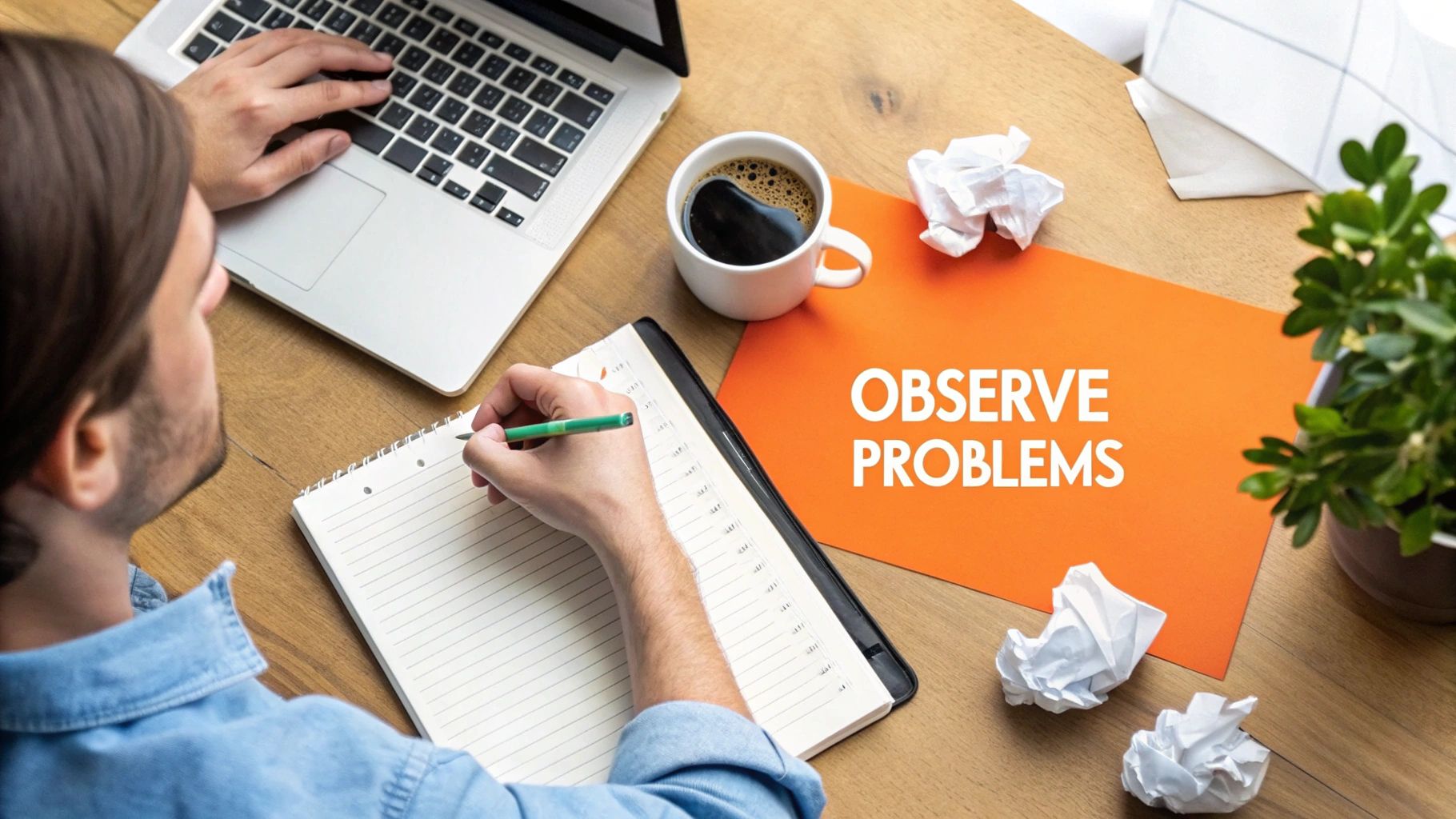 Man at desk with laptop, notebook, coffee, and 'OBSERVE PROBLEMS' sign, surrounded by crumpled papers.