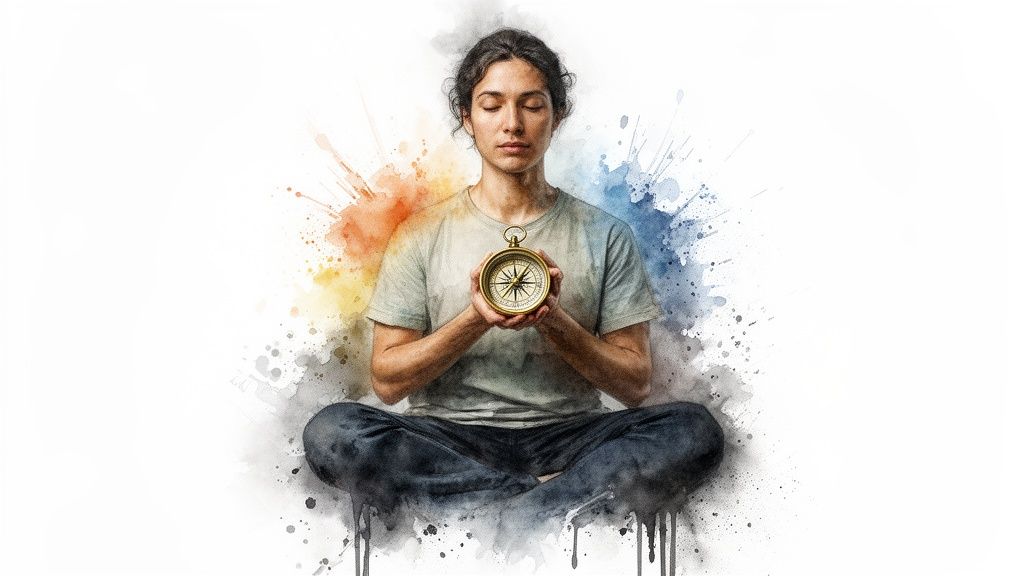 A person meditating in lotus position, holding a golden compass, surrounded by colorful watercolor splashes.