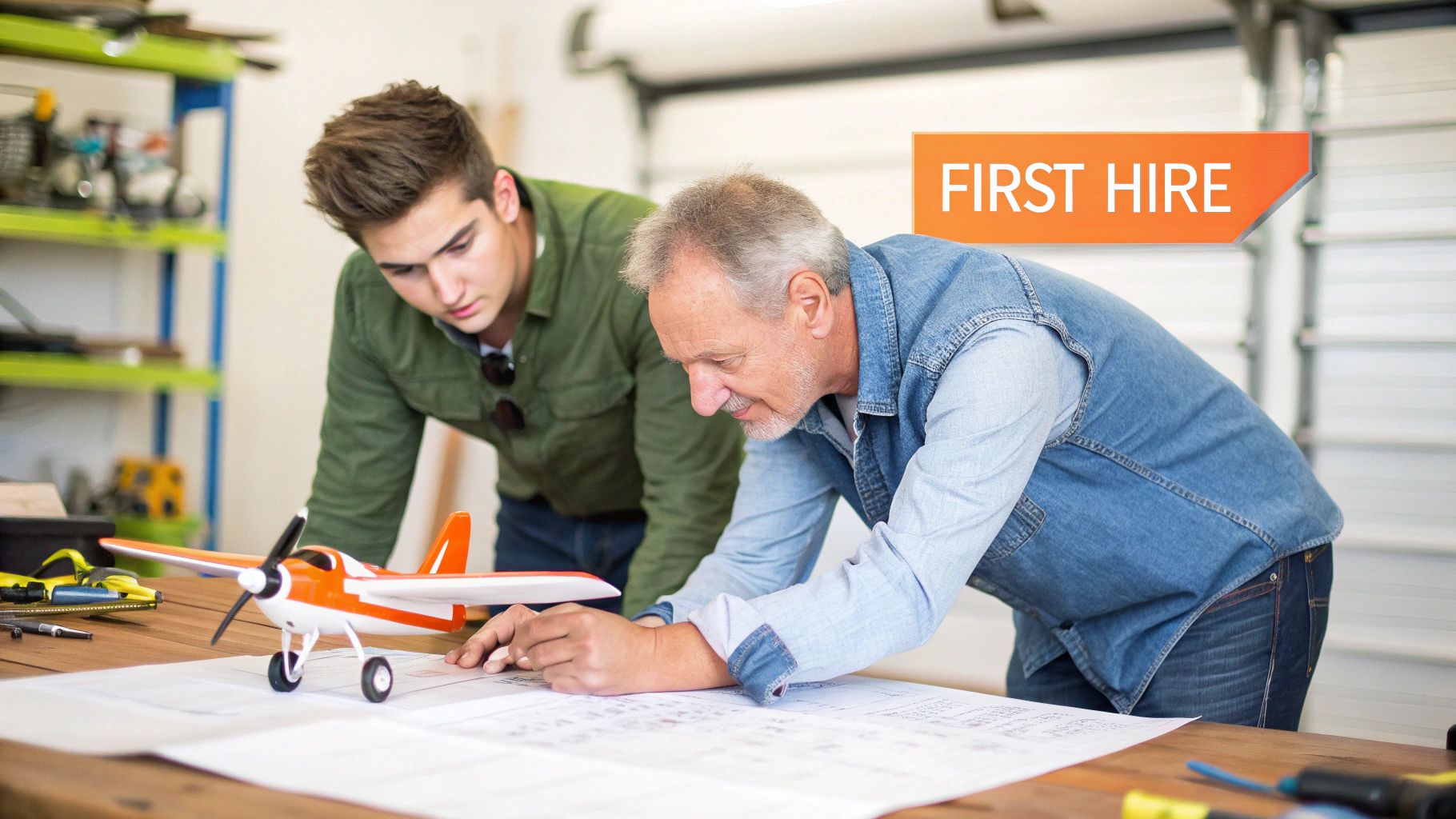 An older man mentors a younger man, reviewing model airplane plans together in a workshop.