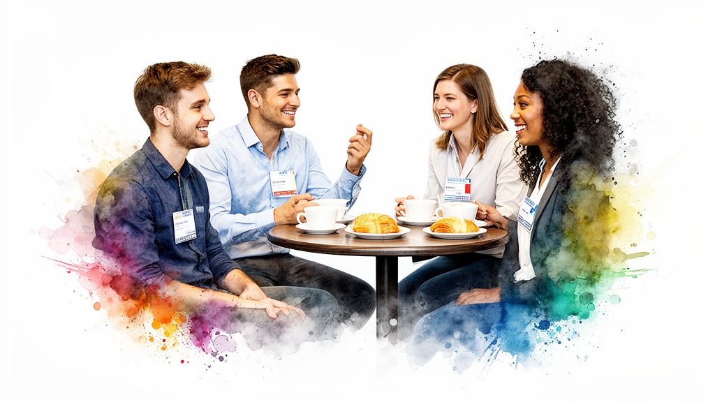 Four diverse young professionals networking over coffee and croissants at a vibrant event.