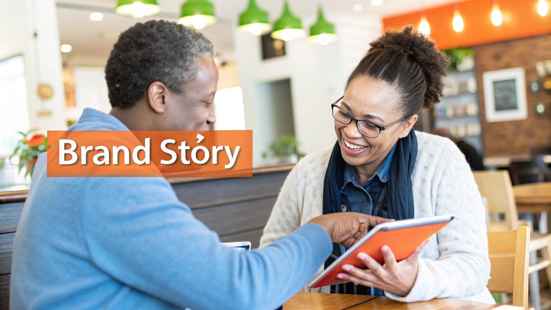 Two smiling professionals, a man and a woman, collaborate on a tablet in a modern office or cafe.