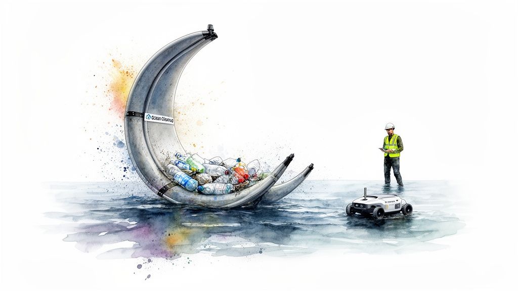Watercolor illustration of an ocean cleanup crescent device full of plastic, a worker, and a robotic rover.