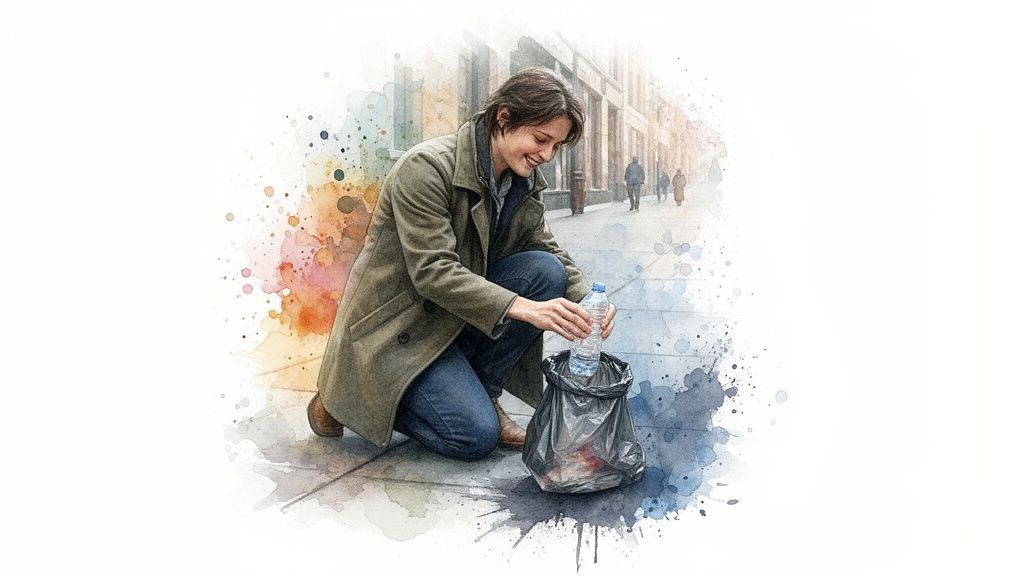 A smiling person crouches on a city street, placing a plastic bottle into a black trash bag, watercolor art.