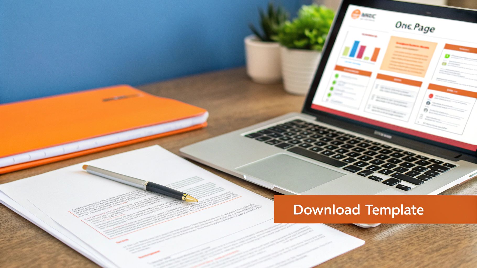 A laptop screen displays a one-page marketing plan template with charts and text on a wooden desk.