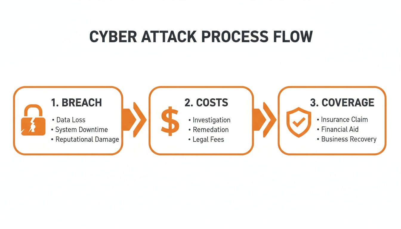 Cyber attack process flow diagram illustrating breach consequences, associated costs, and available coverage options.