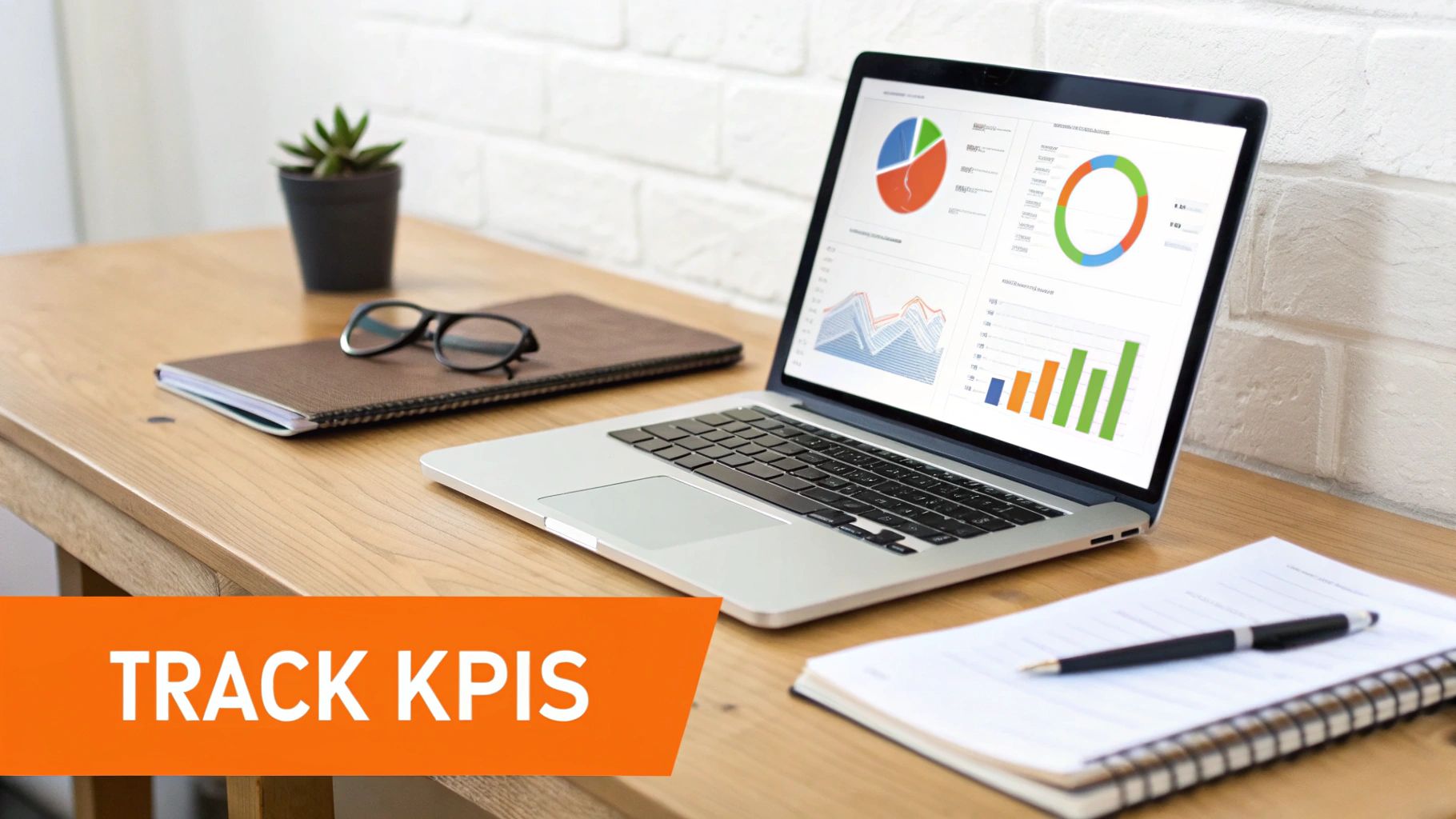 A laptop on a wooden desk displays various colorful business performance charts and graphs.