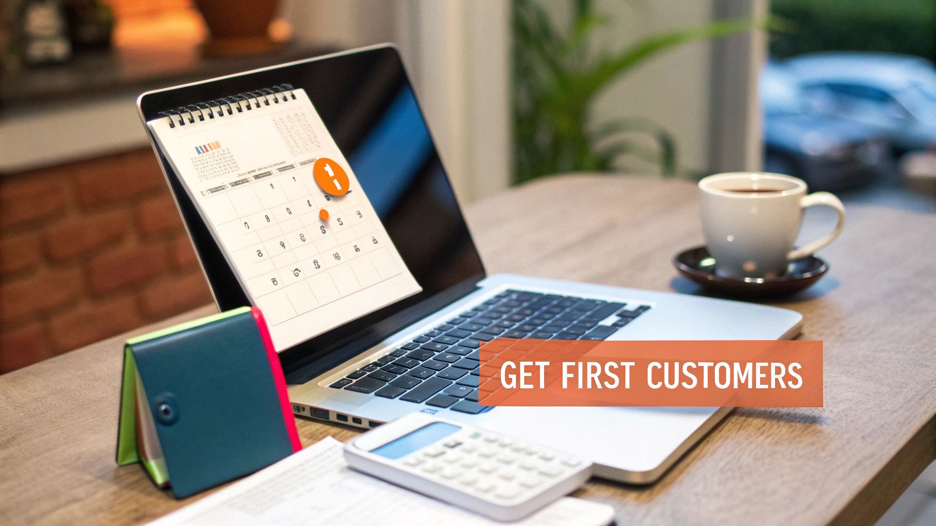 Desk setup with laptop displaying a calendar with '1st' highlighted, coffee, and a calculator. Text reads 'GET FIRST CUSTOMERS'.